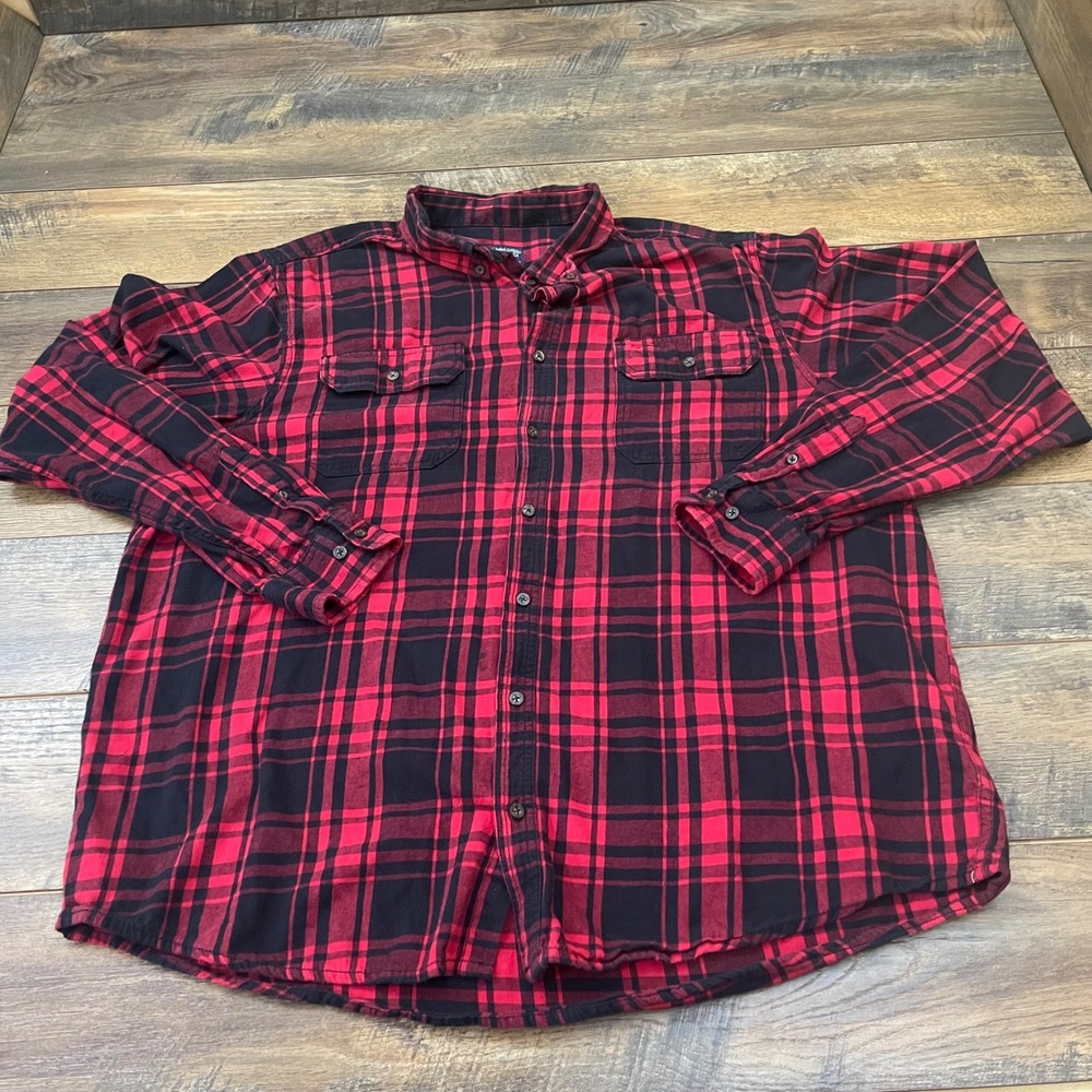 Faded Glory Mens 2XLT Flannel Shirt Black Soot Plaid Cotton Long Sleeve Cabin